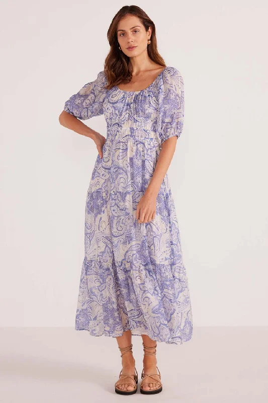 women's cocktail dressesLola Blue Paisley Tiered Midi Dress