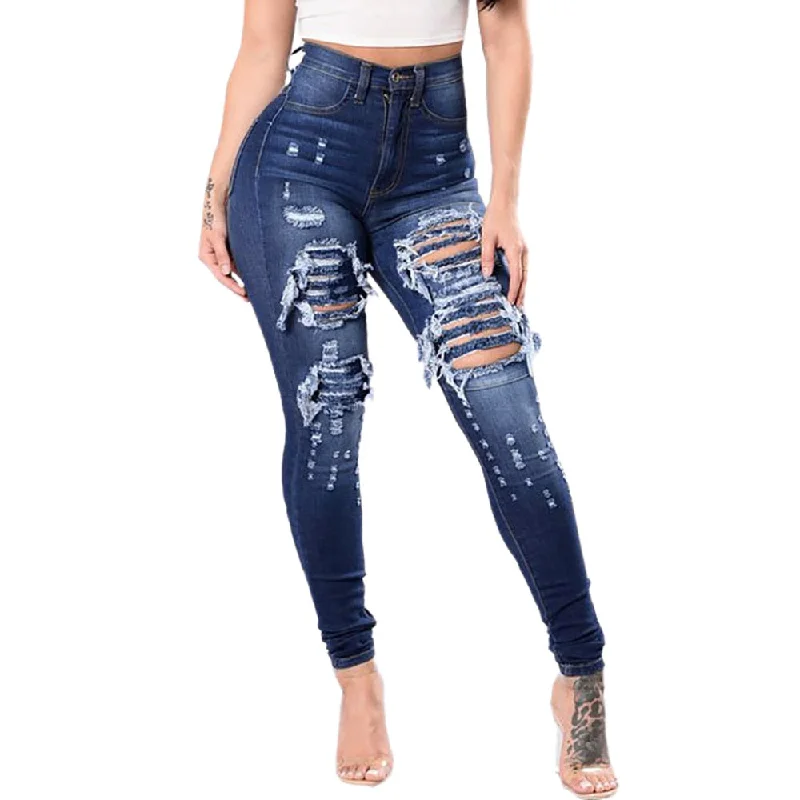 women's denim jeans for springNew Ladies Fashion Hole Small Feet Jeans Autumn And Winter Thickening Cold Stitching Wild Leggings#YL10