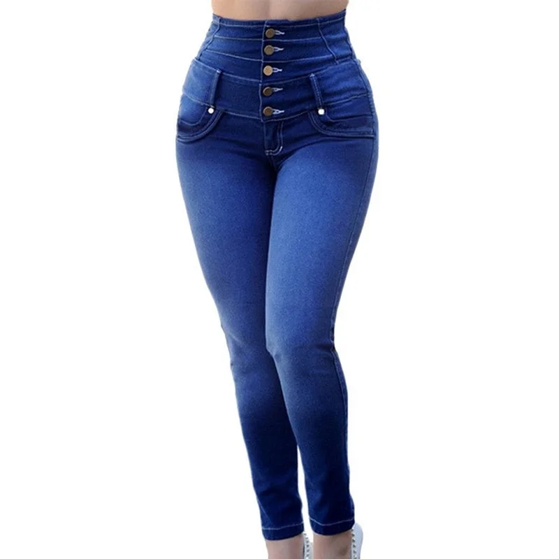 women's black denim jeansNIBESSER High Waist Women Jeans Buttons Female Pant Slim Elastic Plus Size Stretch Jeans Plus Size Denim Blue Skinny Pencil Pant