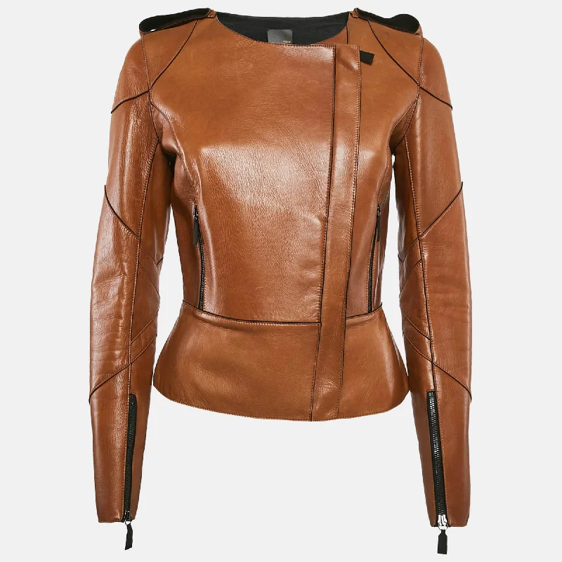 chic women's coats for winterFendi Brown Leather Zip-Up Jacket M