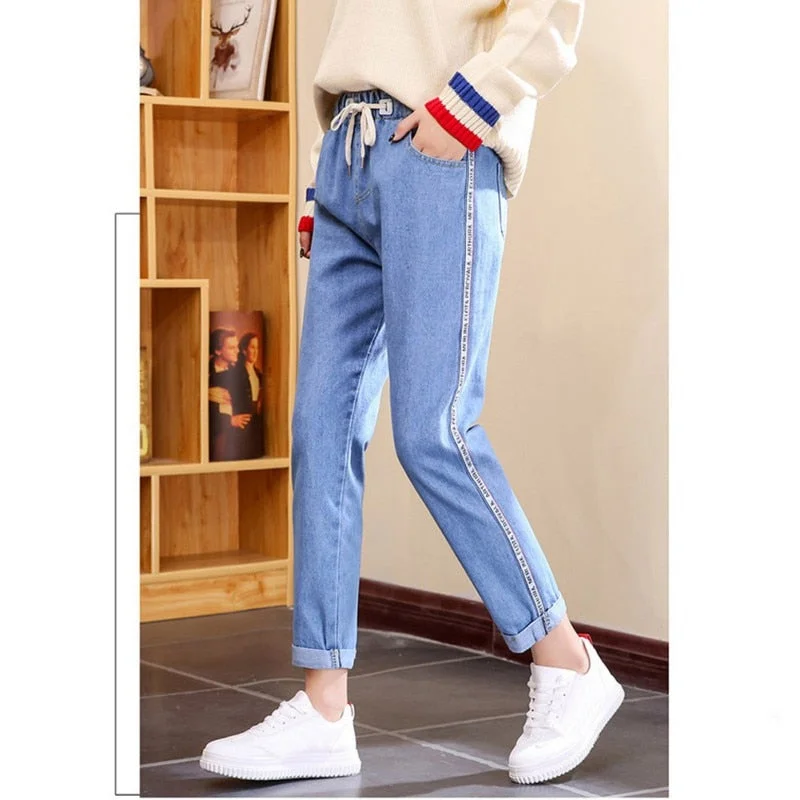 women's ankle-length denim jeansWoman's Jeans Casual Stretch Trousers High Waist Light Blue Plus Size Sweet Loose Jeans Buttons Washed Denim Nine Harem Pants