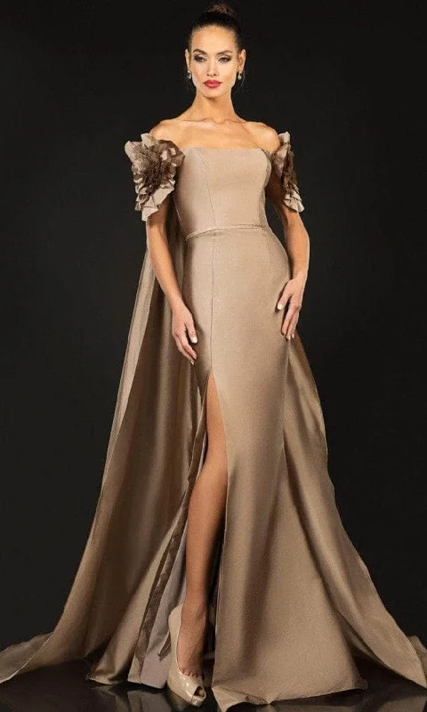 women's wrinkle-resistant dressesTerani Couture - Straight Across Taffeta Evening Gown 2021E2792 - 1 pc Taupe In Size 12 Available