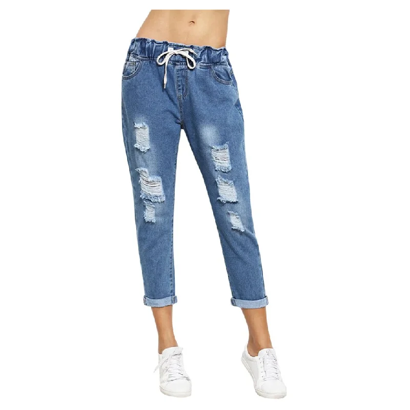 women's denim jeans with ripped kneesAutumn And Winter Ladies Jeans High Waist Pocket Elastic Waist Bandwidth Pine Harem Jeans Casual Slimming Literary Pants #YL10