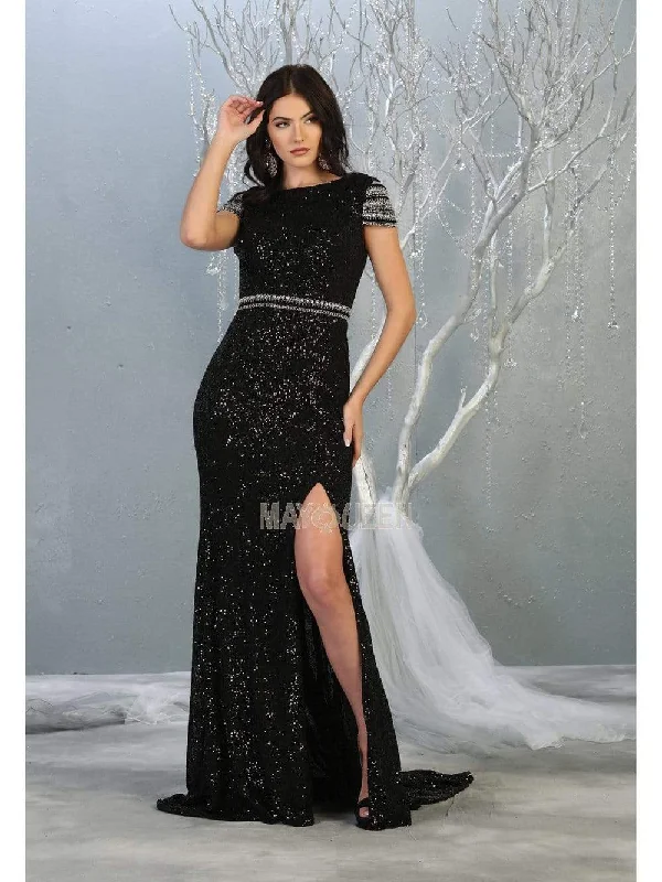 women's party dressesMay Queen - RQ7848 Bateau Evening Gown with Slit