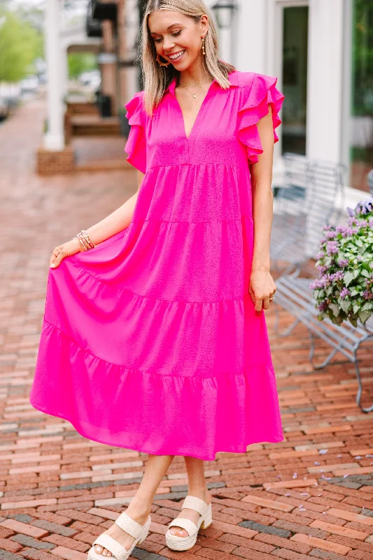 women's sleeveless dressesLook You Up Fuchsia Pink Ruffled Midi Dress