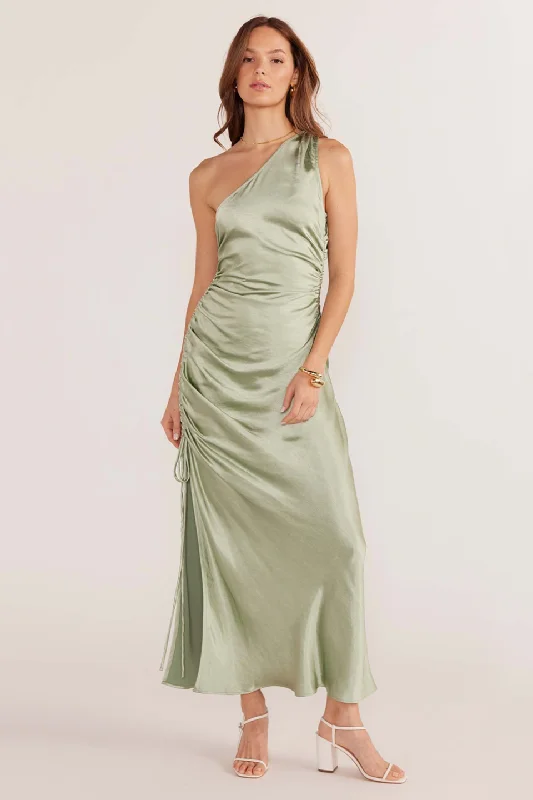 women's luxury dressesVerda Sage One Shoulder Satin Midi Dress