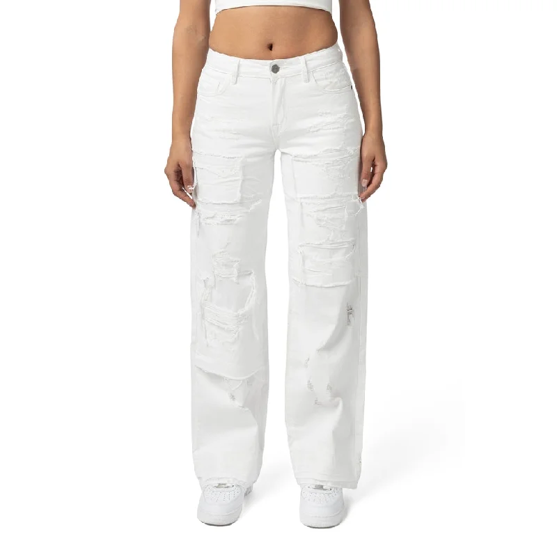 women's stone-washed denim jeansMid Rise Wide Leg Rip Off Jeans - White