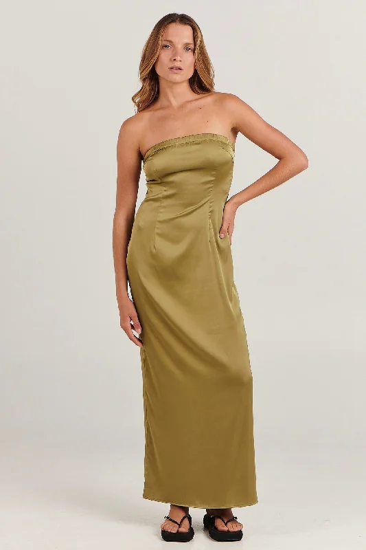 women's pastel dressesSinead Khaki Strapless Midi Dress