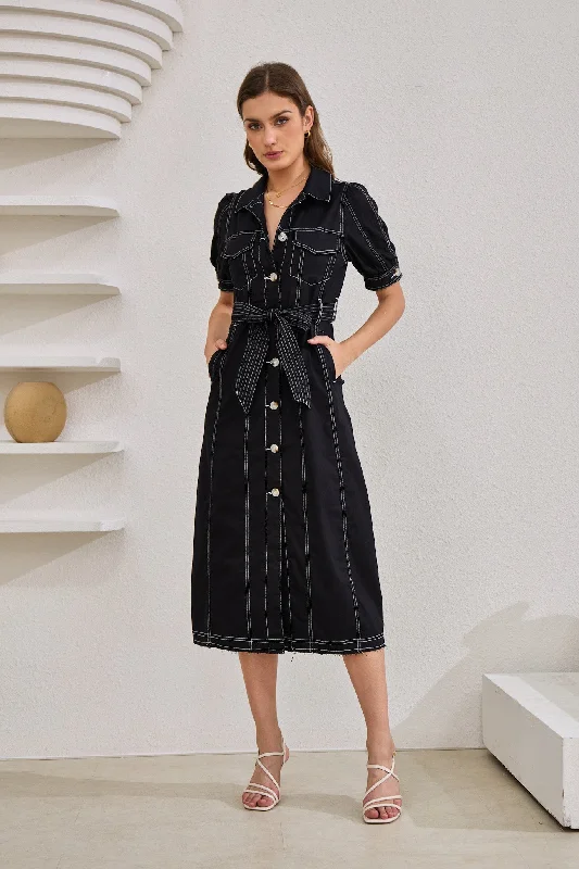 women's velvet dressesCoco Black Button Down Belted Midi Dress