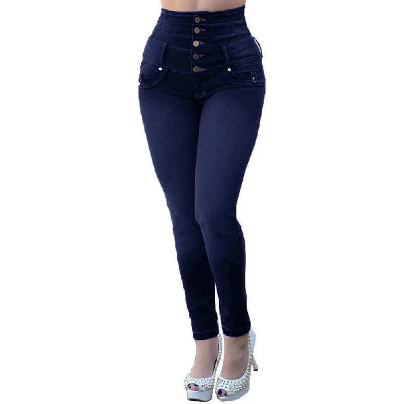 women's denim jeans with button-fly closureCHAMSGEND 2019 Women's High Waist Five Button Wide Waist Jeans Fashion Skinny Jeans Stretch Slim Pants Calf Length Jeans Fe6