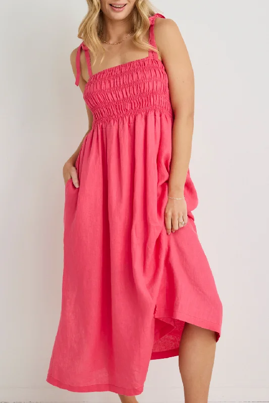 women's unique dressesVacation Fuchsia Strappy Shirred Midi Dress