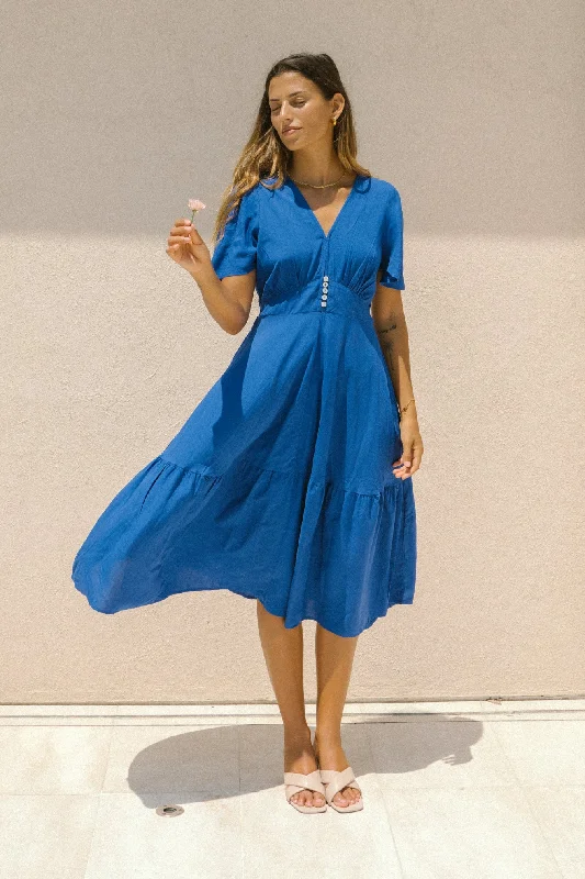 women's shift dressesElivia Blue Flared Sleeve Midi Dress