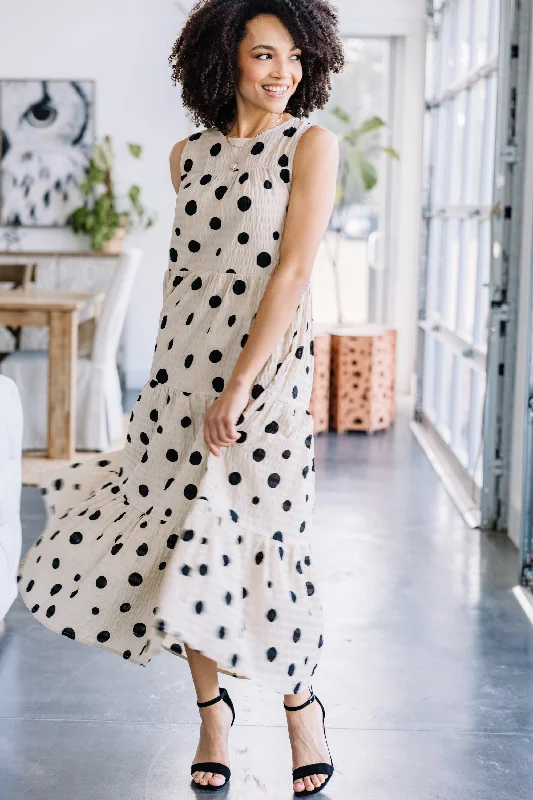 women's chiffon dressesJust A Dream Khaki Brown Polka Dot Midi Dress