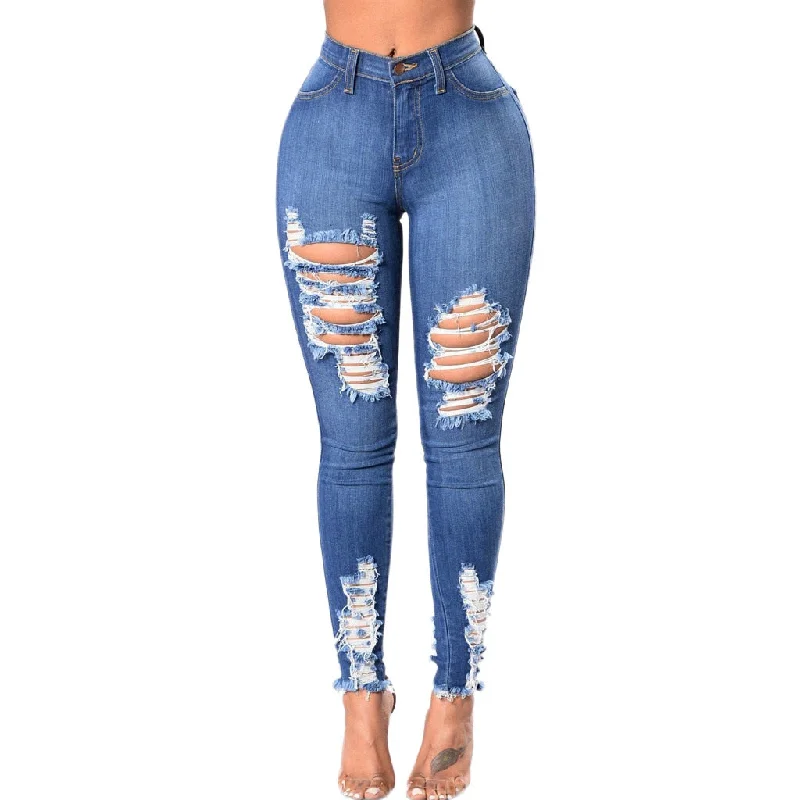 women's elastic waist denim jeans2020 Women High Waist Casual Denim JeansSlim Plus Size Ripped Hole Long Jeans Denim Regular Pants Women Mom Jeans #YL10