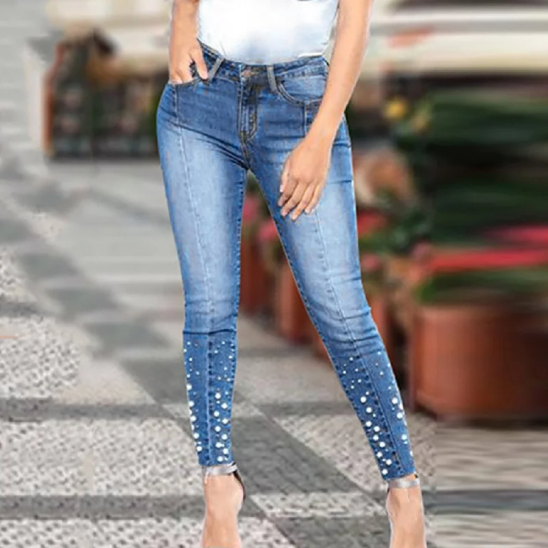 women's high-waisted denim jeans2019 New Blue Jeans Pancil Pants Women High Waist Slim Pearl Skinny Denim Jeans Casual Stretch Skinny Trousers Jean d#