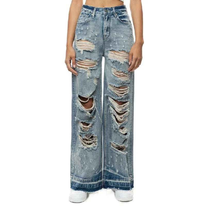 women's distressed denim jeans with holesHigh Rise Wide Leg Heavy Ripoff Jeans - Aspen Blue