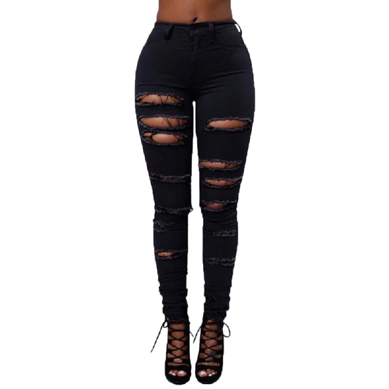 women's denim jeans with ripped kneesRipped Jeans For Women Trousers Mid Waisted Skinny Hole Denim Pants Black White Sexy Slim Female Jeans Mujer  #Zer