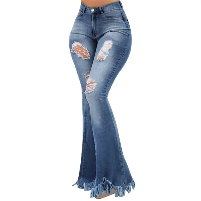 women's denim jeans with distressed back pocketsMoneRffi 2020 Women Flare Jeans High Waist Fringe Denim Skinny Pants Woman Stretch Jeans Female Wide Leg Jeans Bell Bottoms Clot