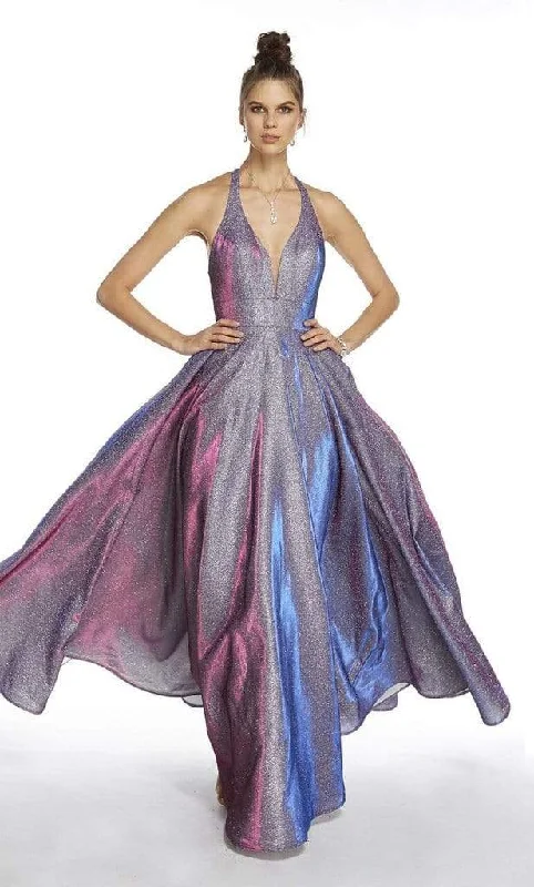 women's silk dressesAlyce Paris - 60568 Halter Neck Cutout Back Iridiscent Taffeta Evening Gown - 1 pc Blueberry In Size 2 Available