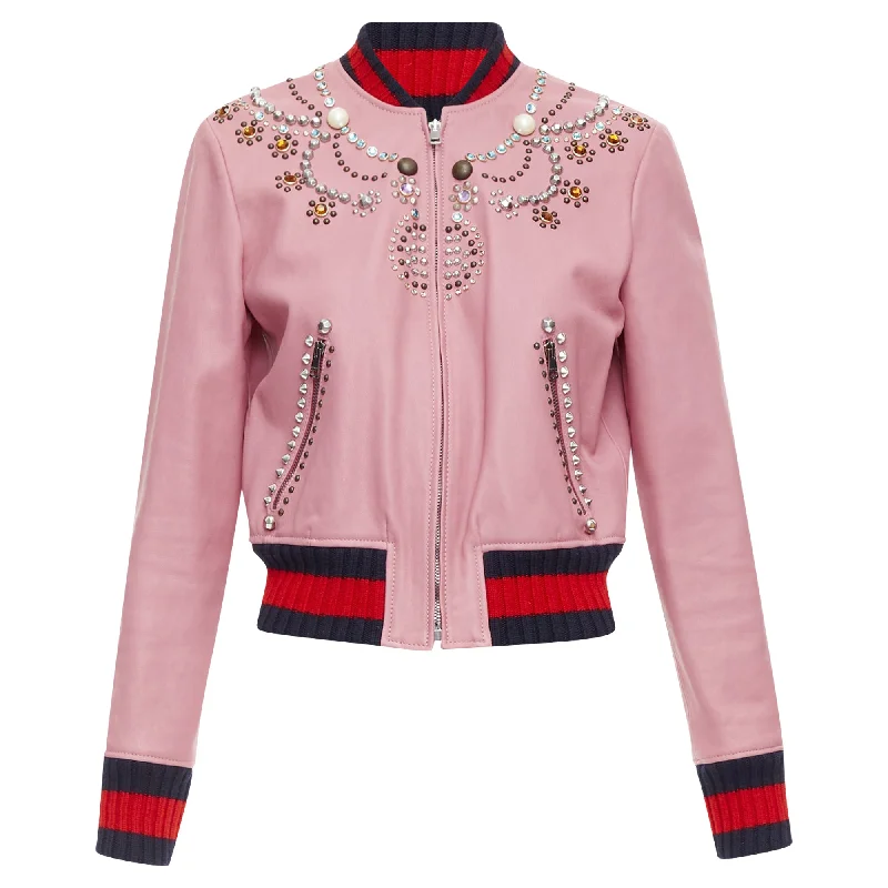 women's coats for apple-shaped bodiesGucci lambskin pearl embellished web trim crop bomber