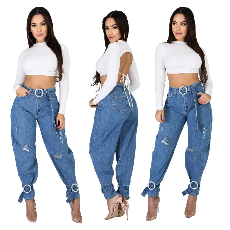 women's denim jeans with spandexHigh Waist Denim Pants Summer Skinny Jeans Woman Retro Casual Hole Jeans Ripped Pencil Trouser Sashes Pants Plus Size Streetwear