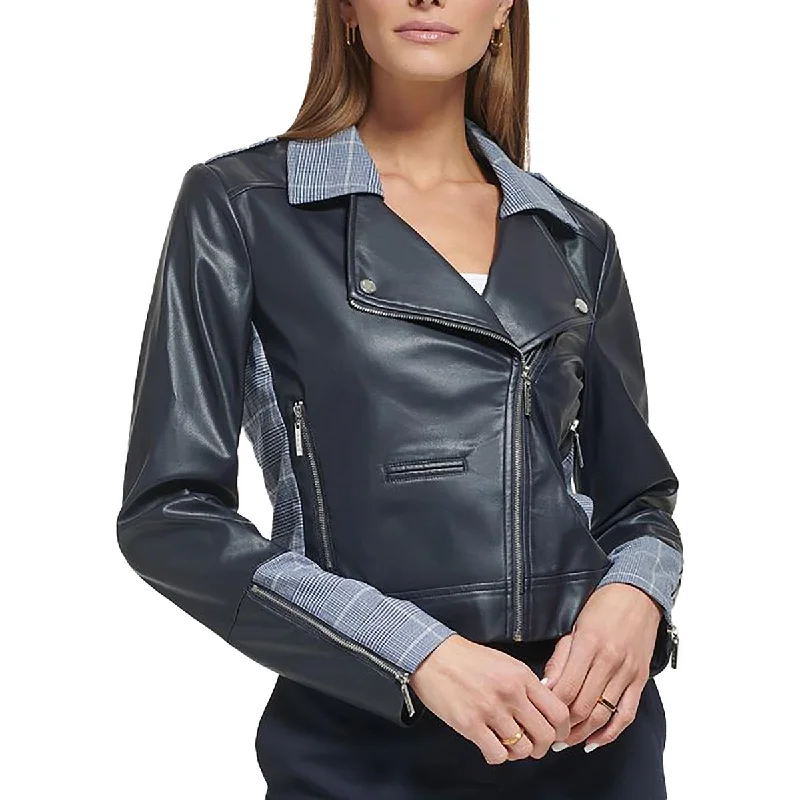 women's duffle coatsWomens Faux Leather Plaid Trim Leather Jacket