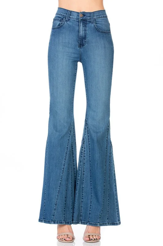 women's denim jeans with fake pocketsflare jean bell bottom wide leg denim pants