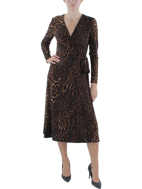 women's solid color dressesWomens Side Tie Animal Print Midi Dress