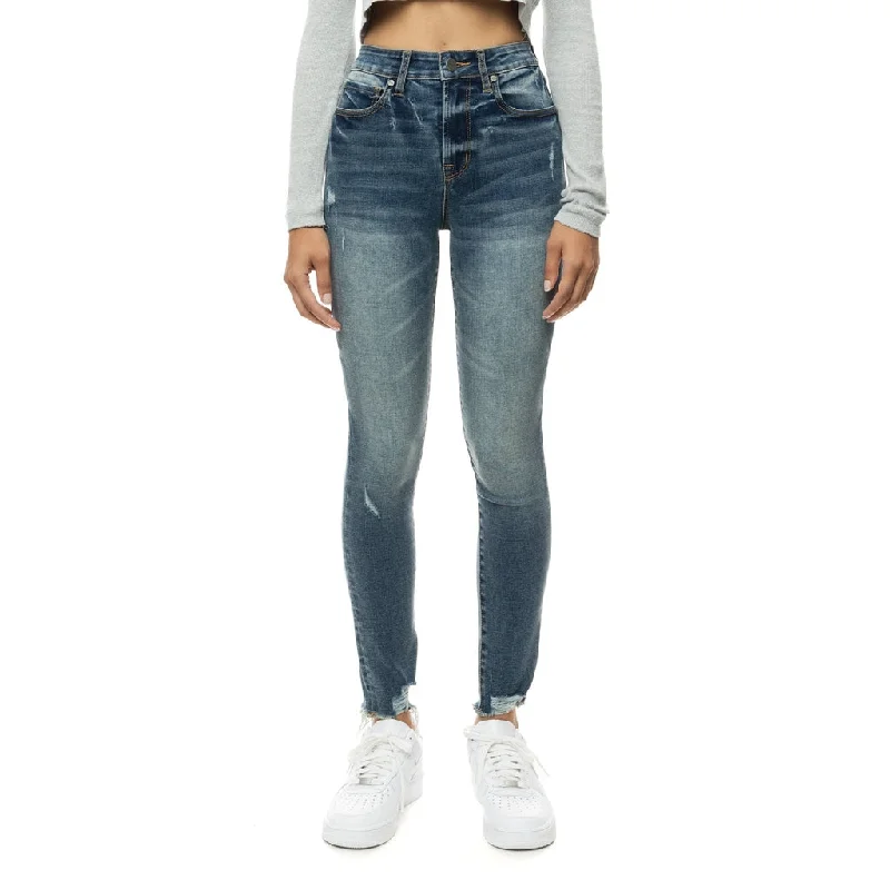 women's denim jeans with distressed thighsHigh Rise Super Skinny Ripoff Jeans - Soho Blue