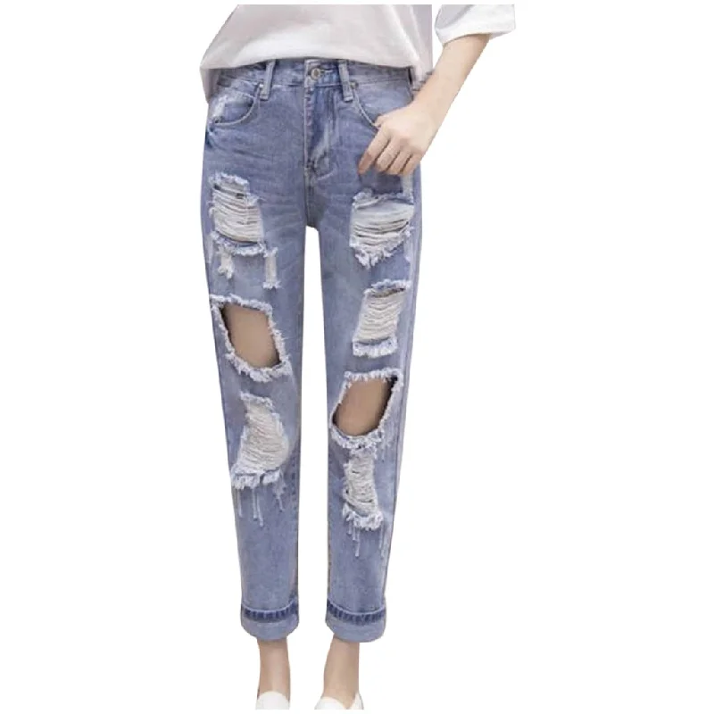 women's denim jeans with embroidered back pocketsJeans Female 2020 Ripped Women Jeans Korean Style Hole Button Ladies Denim High Waist Loose Casual Pencil Solid Color Pants YL5