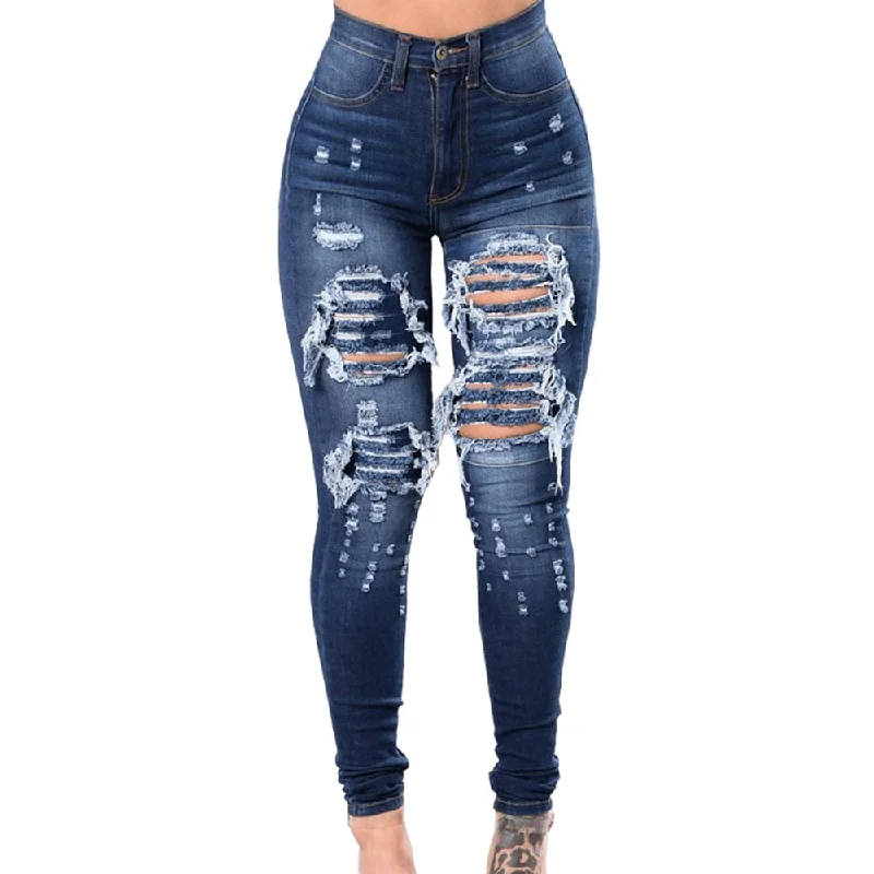 women's straight-leg denim jeansNew Spring Autumn Women Blue Mid Waist Ladies Sexy Casual Ultra Stretchy Ripped Jeans Fashion Denim Trousers Pencil Skinny Jeans