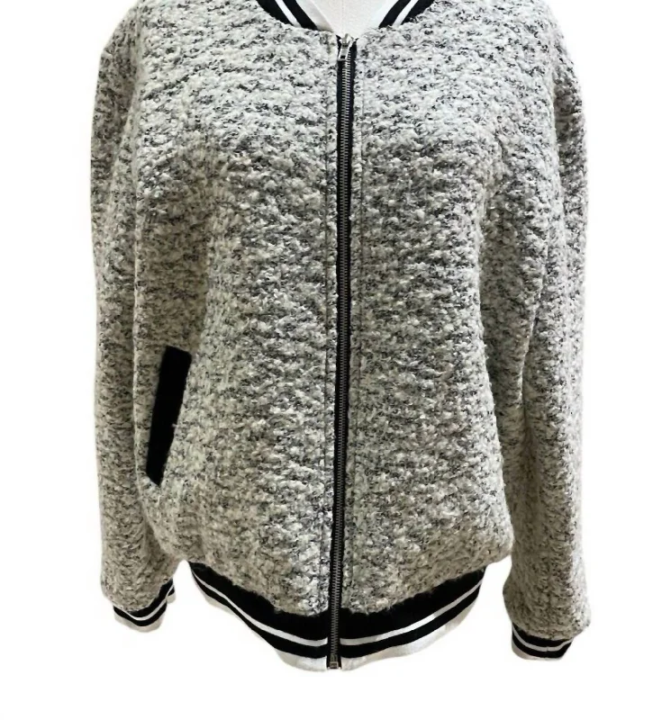 parkas for womenWomen's Cashmere Blend Boucle Winter Varsity Style Bomber Jacket In Gray