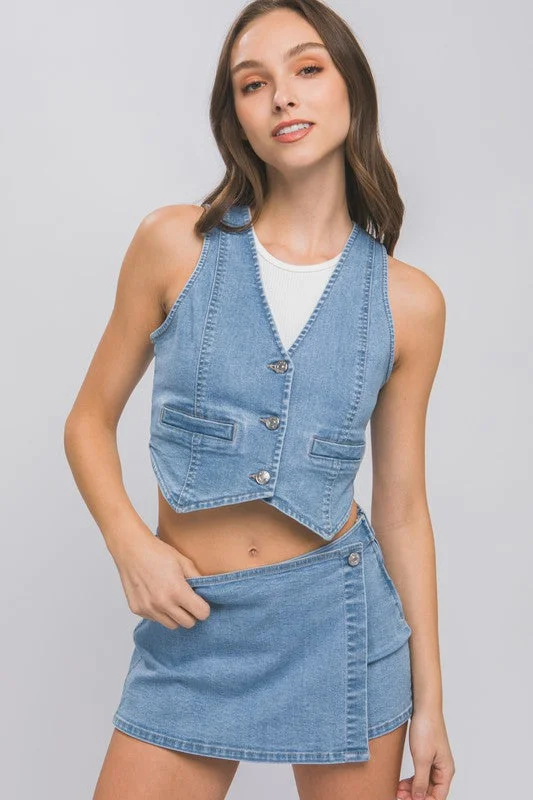 women's ripped denim jeansDenim Buttoned Vest Top