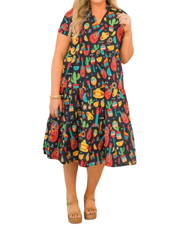 women's retro dressesFiesta Midi Dress In Black Multi