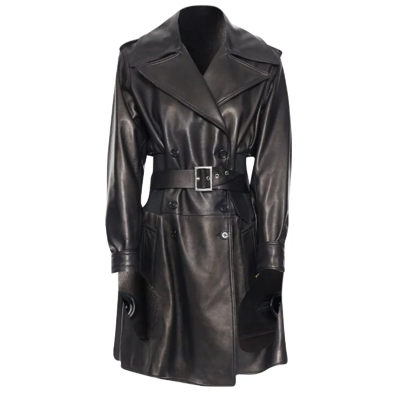 modern women's coatsDolce & Gabbana nappa leather double breasted silver buckle belt coat