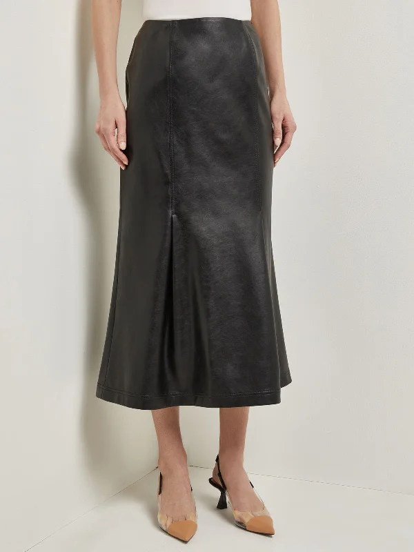 women's flowy midi skirts with pocketsVegan Leather Front Pleat Trumpet Skirt