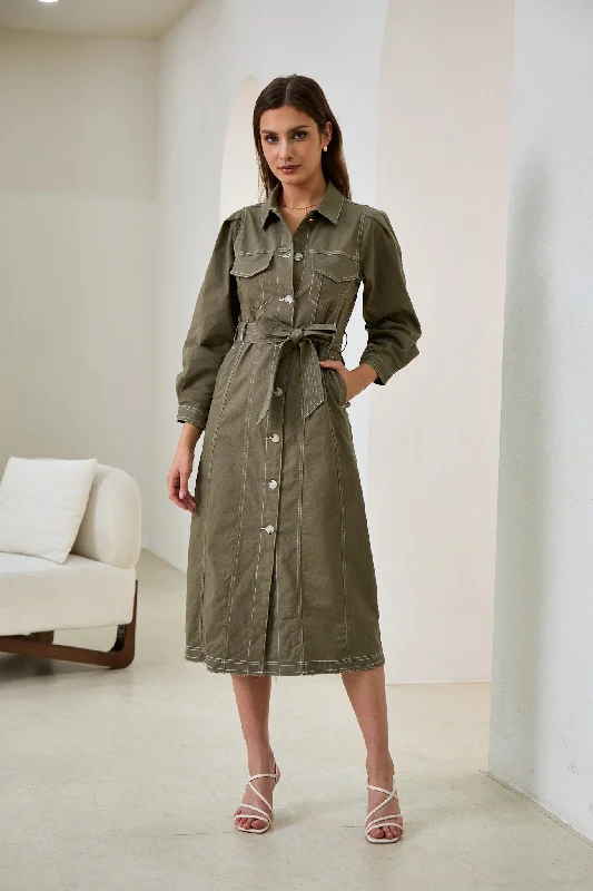 women's wrap dressesCleo Khaki Green Button Down Belted Midi Dress