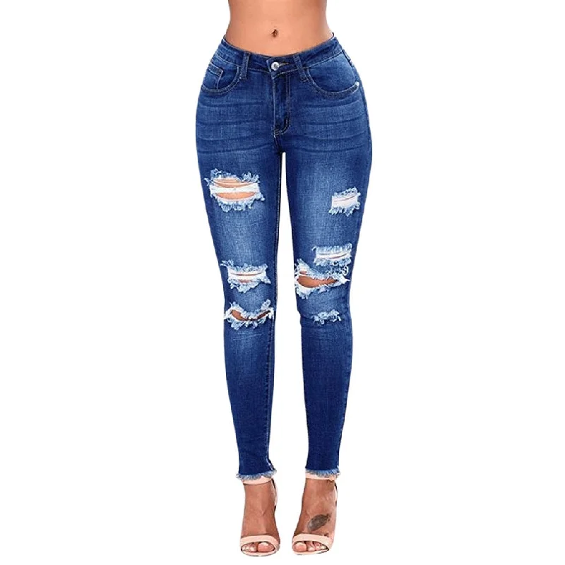 women's denim jeans with stretch fabric2020 Women High Waist Casual Denim JeansSlim Plus Size Ripped Hole Long Jeans Denim Regular Pants Women Mom Jeans #YL10