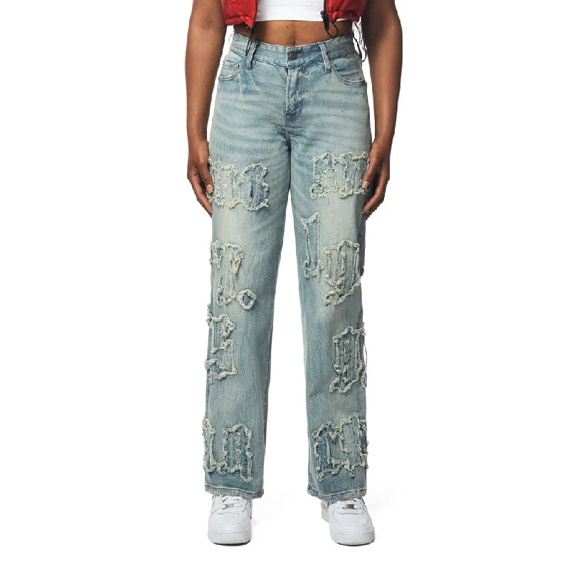 women's denim jeans with distressed thighsMid Rise Applique Jeans - Parma Blue