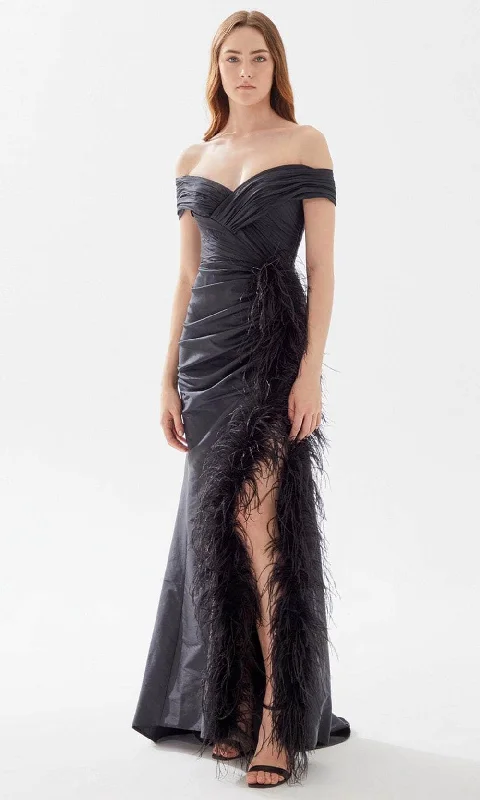 women's velvet dressesTarik Ediz 52112 - Ruched and Feathered Evening Gown