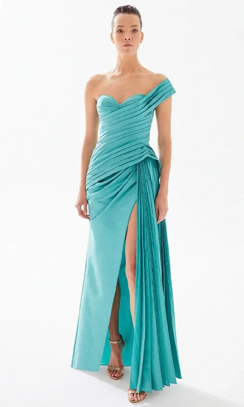 women's custom dressesTarik Ediz 98324 - Asymmetric Neck Pleated Evening Gown