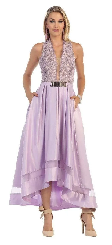 women's checkered dressesMay Queen - Lace Plunging Halter High Low Evening Gown RQ7354 - 1 pc Lilac In Size 4 Available