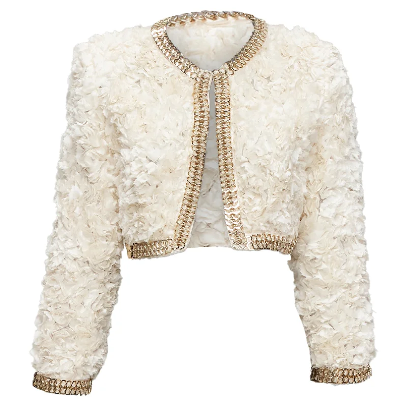 women's shearling coatsGivenchy Silk Applique Ruffle Gold Brass Chain Cropped Jacket