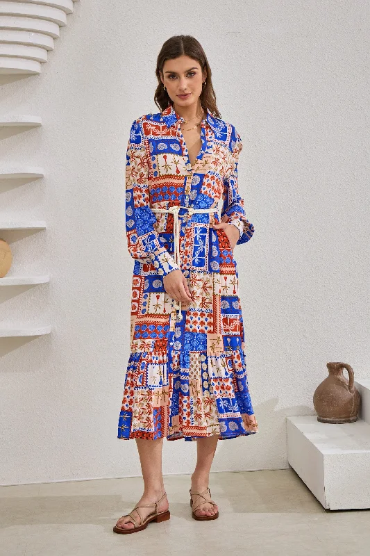 women's custom dressesCordelia Blue Abstract Patchwork Belted Midi Dress