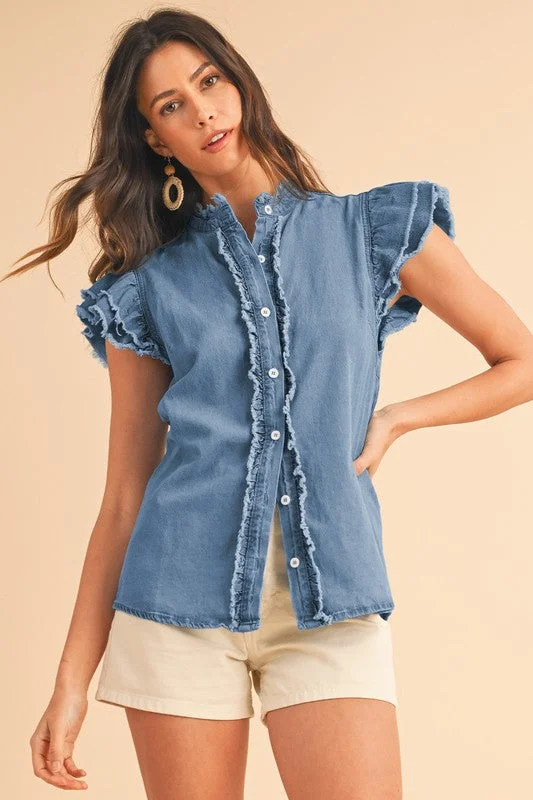 women's denim jeans for petite womenButton Front Ruffled Flutter Frayed Denim Top