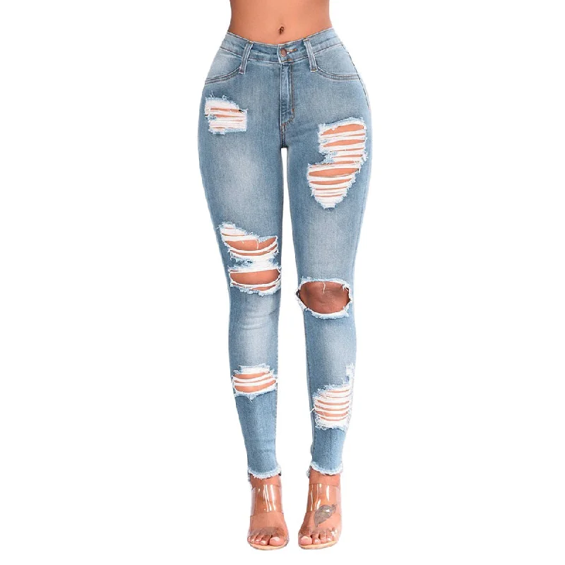 women's flare denim jeansLong casual Jeans Women Mid waist waisted Skinny Pencil Blue Denim Pants ripped hole cropped slim fit skinny sexy Pencil Pants