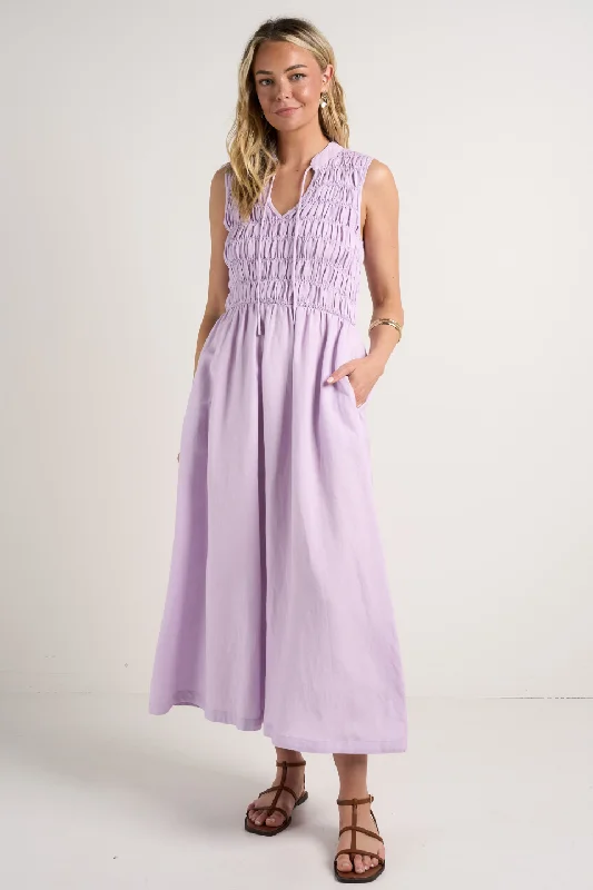 women's handmade dressesExplorer Lilac Sleeveless Split Neck Shirred Midi Dress