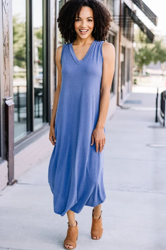 women's wrinkle-resistant dressesNew Moves Denim Blue Midi Dress