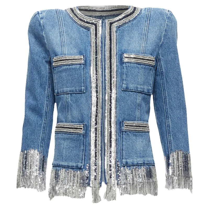 plus-size women's coatsBalmain Washed Cotton Denim Silver Crystal Embellished Trim Jacket