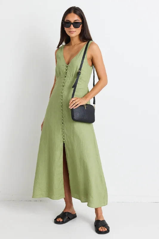 women's curve-hugging dressesPanama Moss Sleeveless Button Front Midi Dress